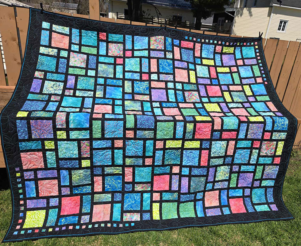 "Stainglass" Queen Size Quilt In Neon Brights - TR28