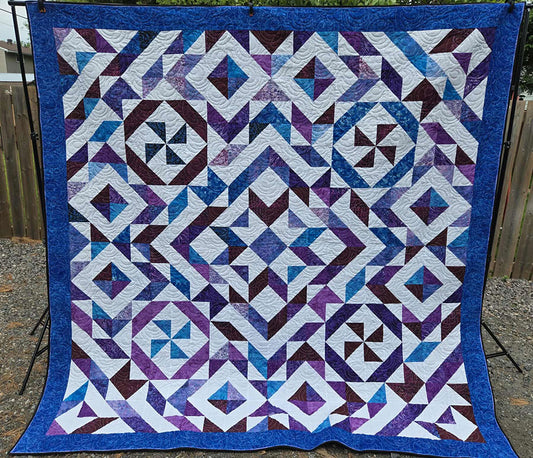 "Batik Half" Geometric Twin XL Quilt In Cool Colours - TR34