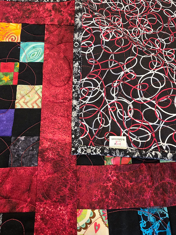 "Red Check" Colourful Checkerboard Throw Quilt With Oxblood Borders - TR6