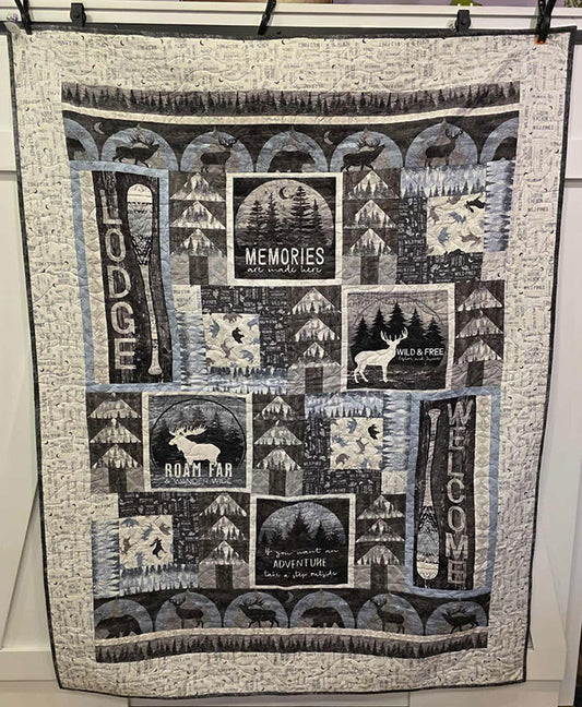 "Lodge": Rustic Wildlife and Lake Themed Throw Quilt For The Cottage - TR9