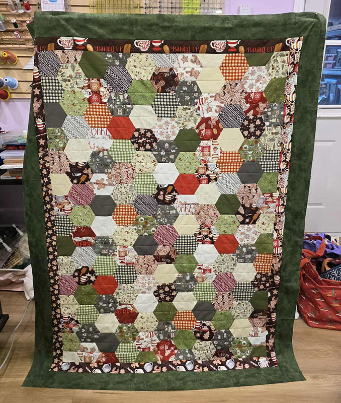 "Hexi Christmas" Holiday Themed Couch Cuddler Quilt For a Christmas Scene - TR10