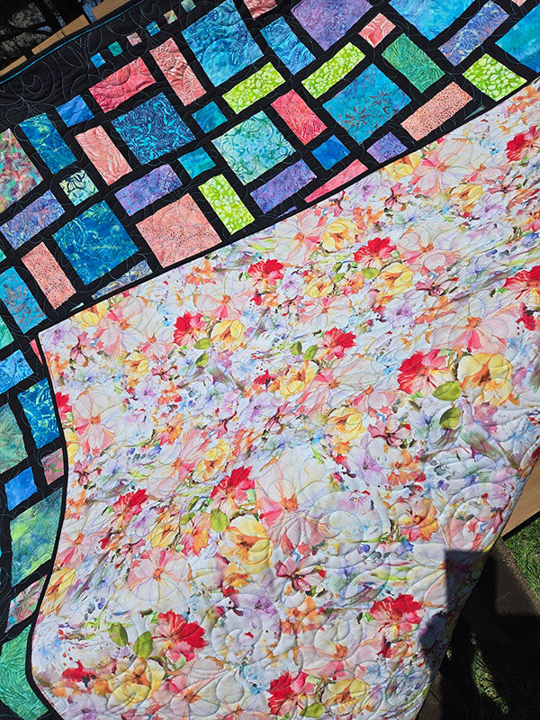 "Stainglass" Queen Size Quilt In Neon Brights - TR28
