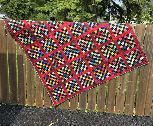 "Red Check" Colourful Checkerboard Throw Quilt With Oxblood Borders - TR6