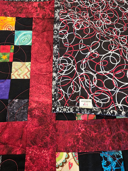 "Red Check" Colourful Checkerboard Throw Quilt With Oxblood Borders - TR6